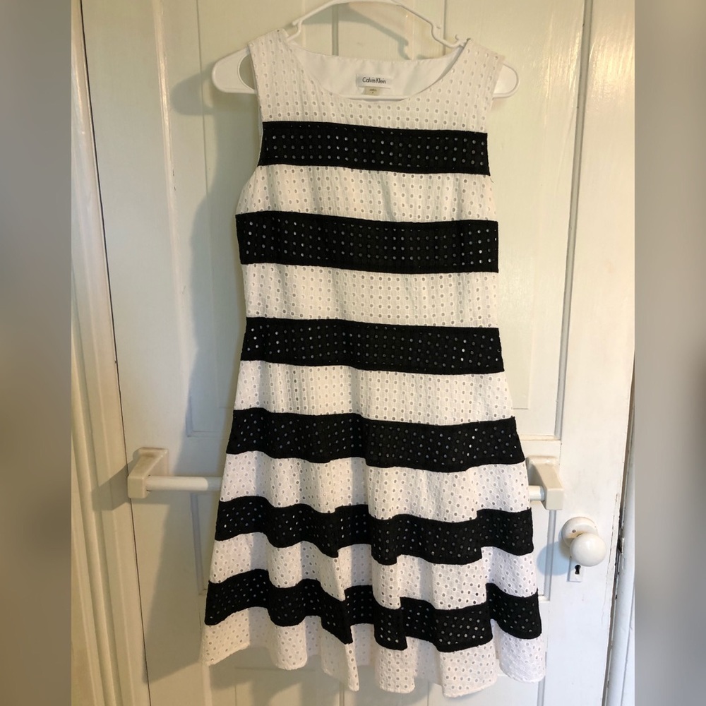 🍄calvin klein black & white striped eyelet dress